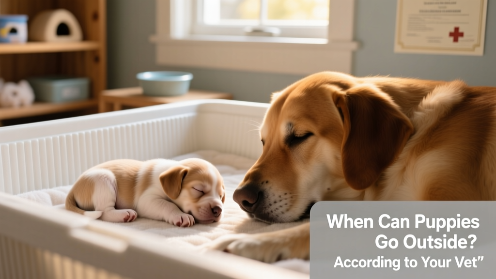 Close-up of a tiny, sleeping puppy nestled beside its mother in a cozy, clean whelping box