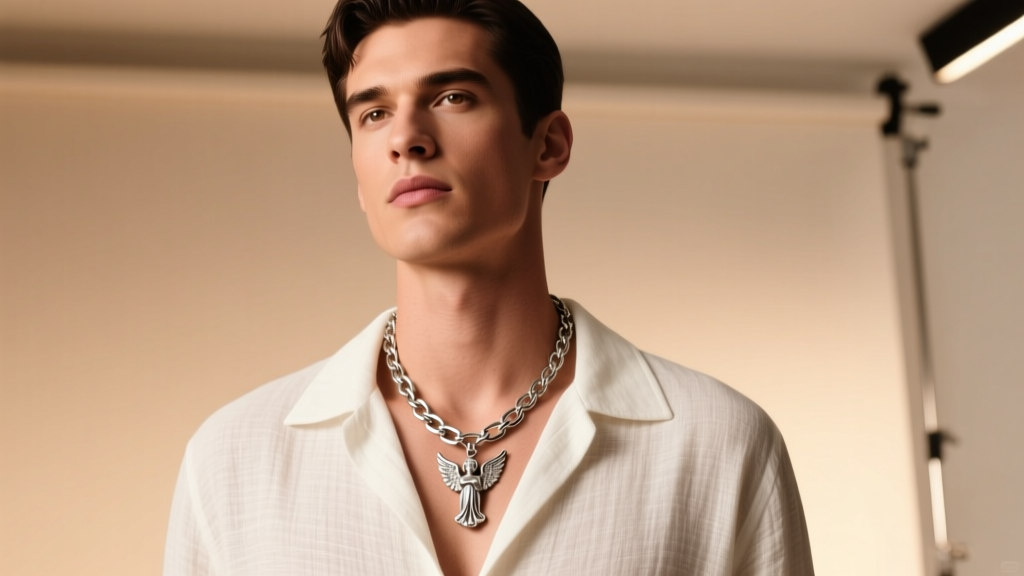 Male model wearing a 24-inch silver mariner chain, showing an angel pendant resting on the upper chest in warm light.