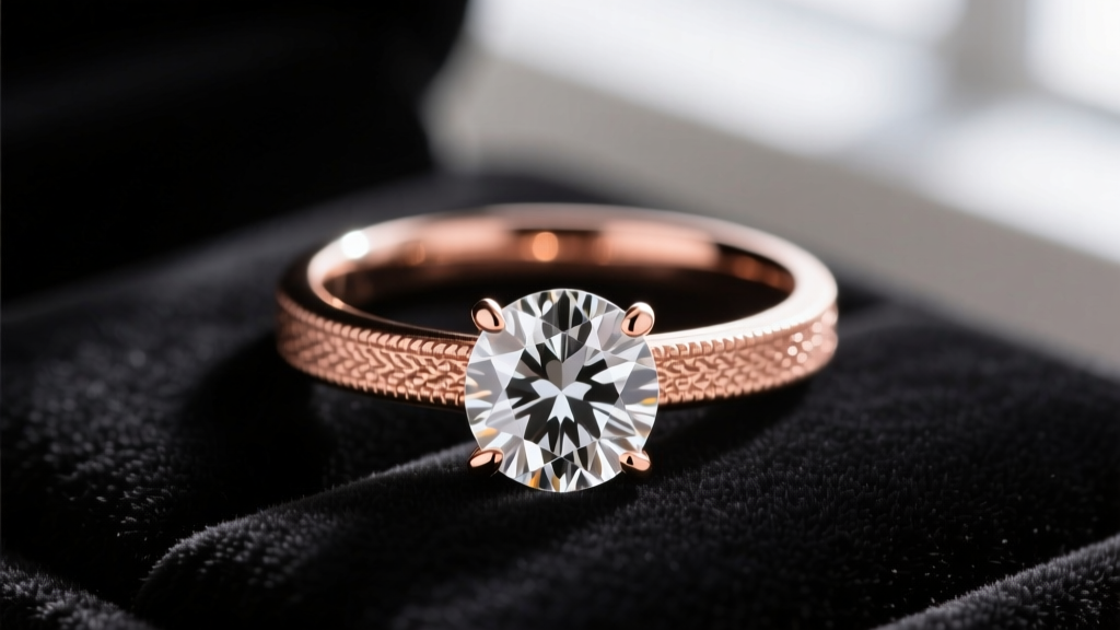 Close-up of a textured rose gold engagement ring with a raw salt and pepper diamond on dark velvet under soft light