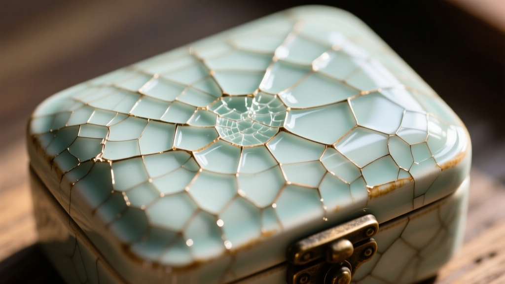 Macro photo of porcelain glaze crazing on a vintage jewelry box lid, revealing fine micro-cracks in the clear protective coating.