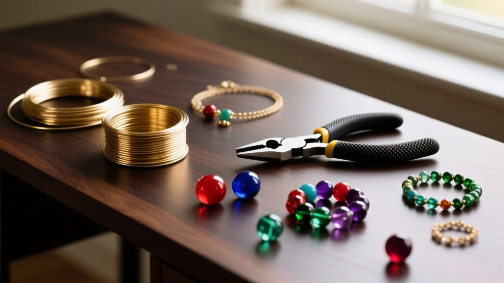 Starter jewelry making products with brass wire spools, nylon jaw pliers, and glass beads on a dark oak desk surface