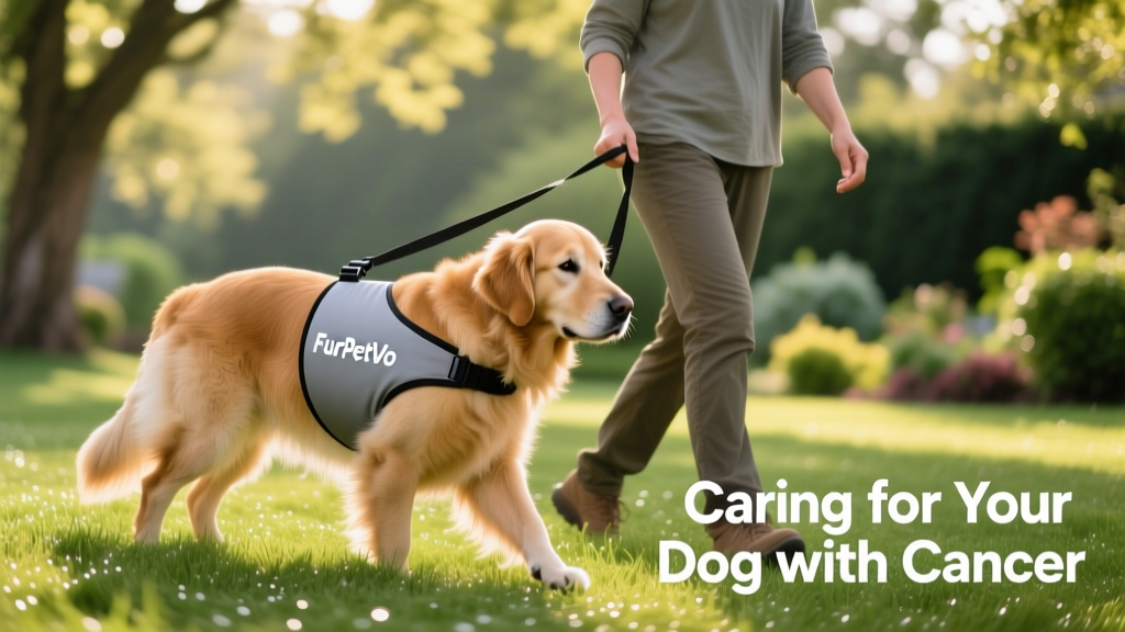 A golden retriever comfortably using a FurPetVo support sling while walking gently on grass with their owner