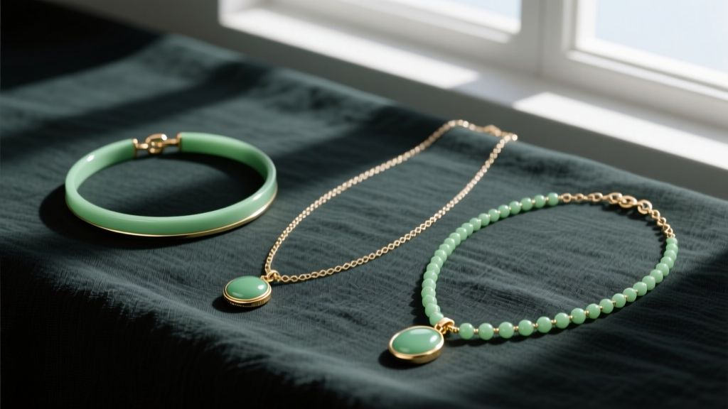 Flat lay of three sage green necklaces in varying lengths, including a 16-inch choker and a 24-inch matinee, on dark linen