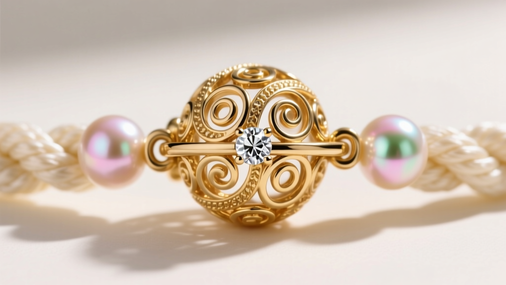 Close-up of an 18k gold filigree ball clasp with a diamond accent connecting two ends of a knotted cream Tahitian pearl rope
