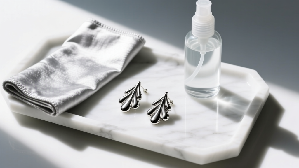 Flat lay of silver polishing cloth, gentle cleaner, and textured liquid silver dripping earrings resting on a white marble tray.