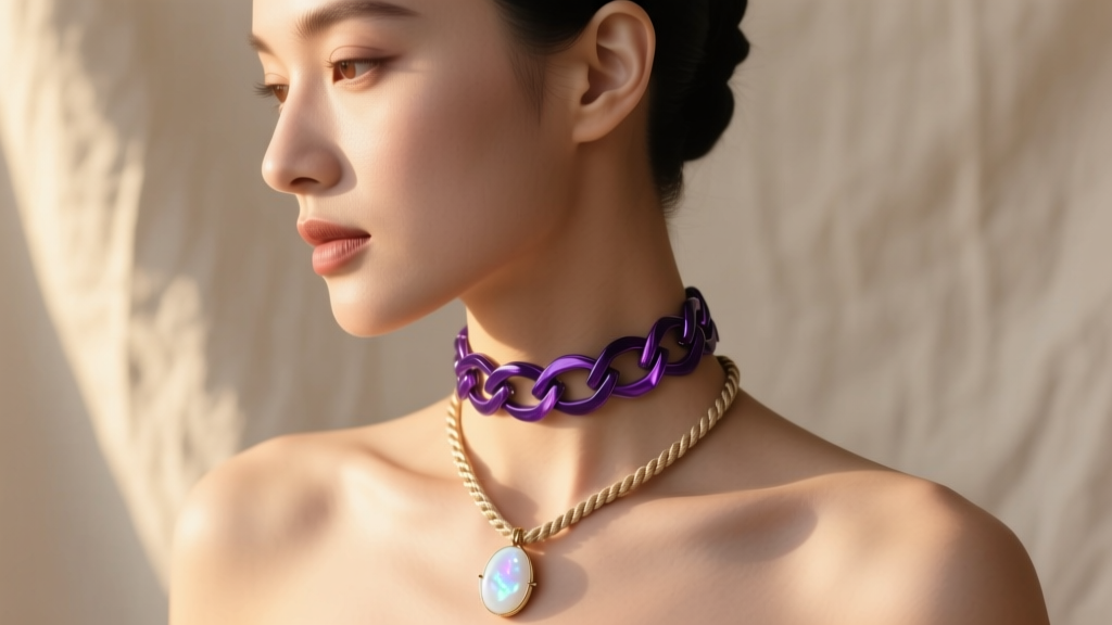 Close-up profile of a woman wearing a 14-inch amethyst station choker and an 18-inch rope chain with a milky white opal pendant.