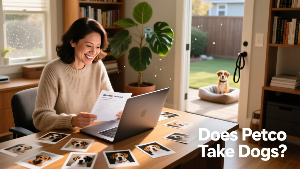A person reviewing adoption applications on a laptop, with photos of dogs nearby