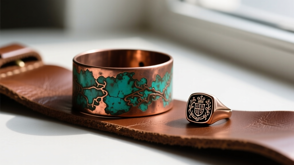 Flat lay of dark academia mens copper jewelry showing an oxidized copper cuff and carved signet ring on antique brown leather.