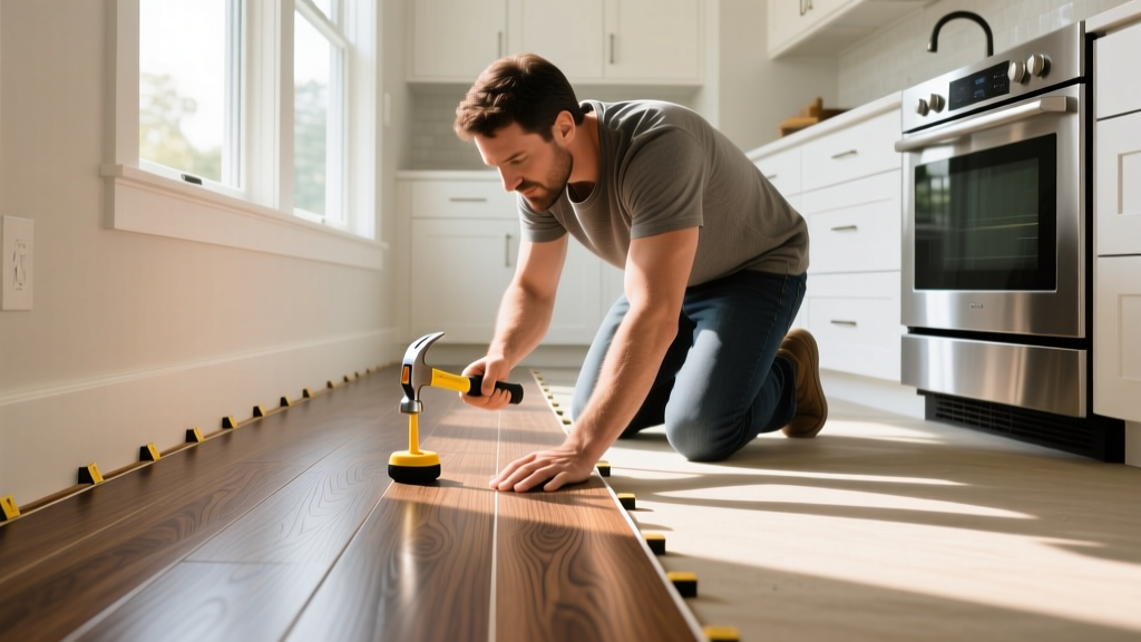 Homeowner installing click-lock luxury vinyl plank flooring in a bright kitchen, with spacers along baseboards and a rubber mallet