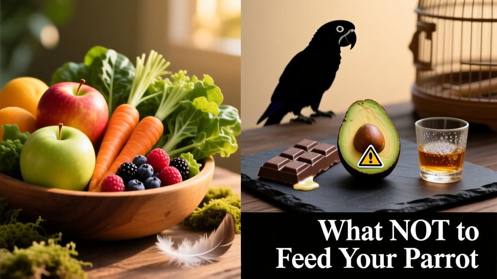 Side-by-side comparison: safe fresh fruits and vegetables for parrots versus dangerous foods like avocado, chocolate, and alcohol glasses