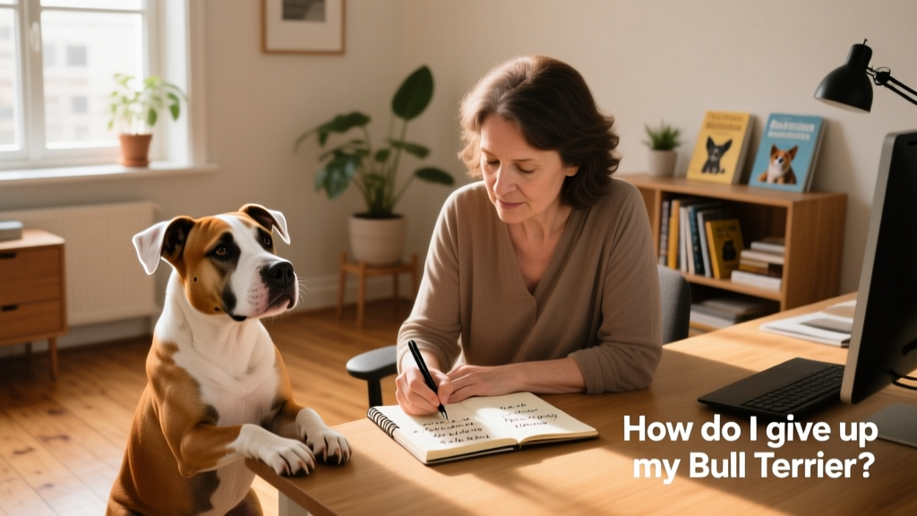 A person carefully writing notes about their bull terrier's habits and preferences on a notepad