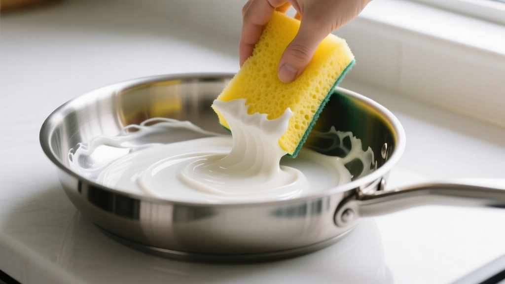 Yellow sponge applying thick white oxalic acid paste to the interior cooking surface of a tri-ply stainless steel saucepan