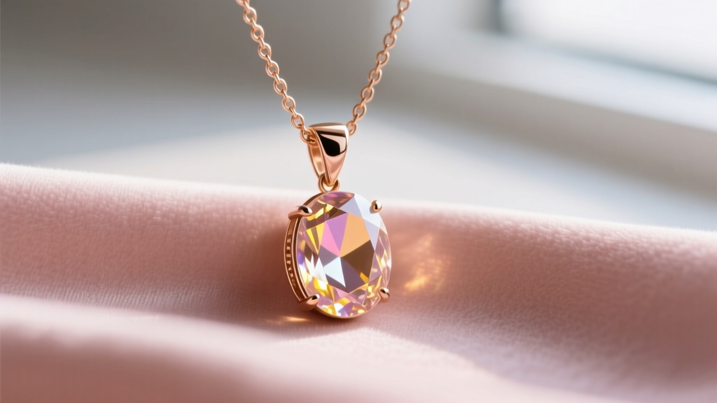 Close-up of a delicate rose gold pendant necklace featuring a faceted oval morganite gemstone resting on a soft blush silk fabric.