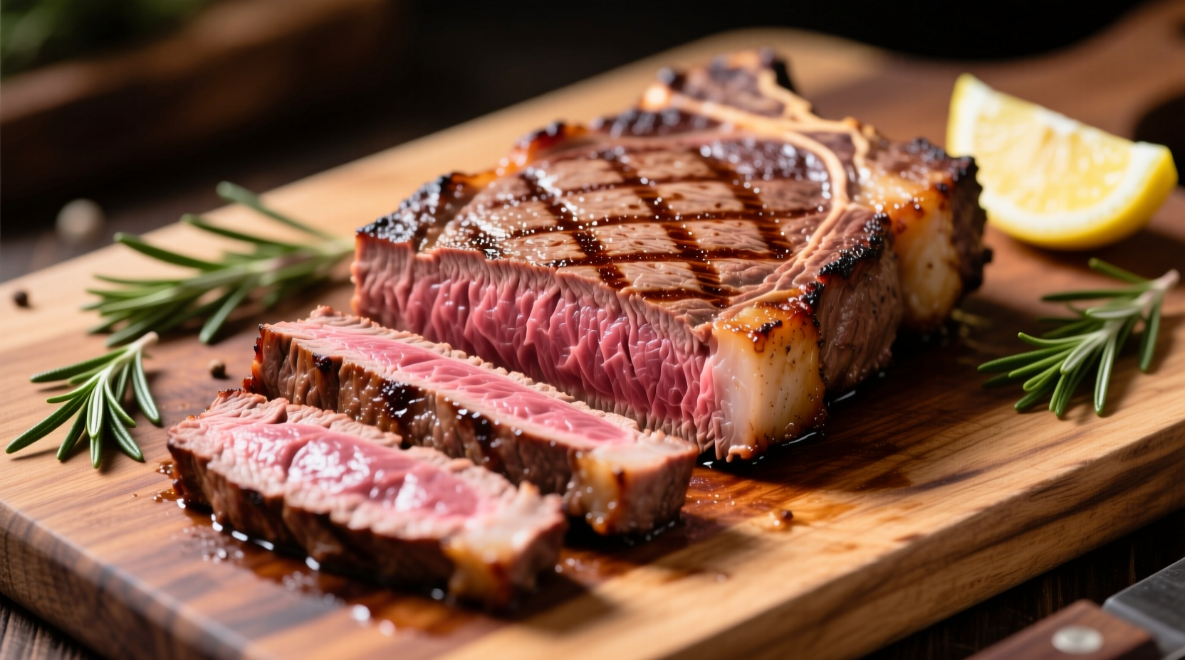 Medium steak showing warm pink center on cutting board