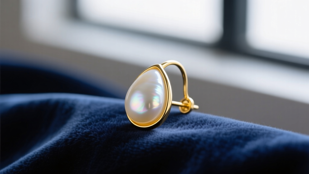 Close-up of a 14mm white South Sea teardrop pearl earring in 18k yellow gold, resting on dark blue velvet fabric in soft light.