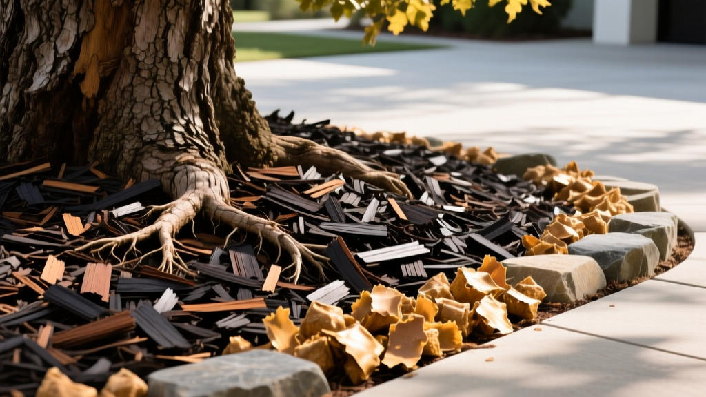 Close-up of dark shredded hardwood mulch layered around a mature oak tree base, contrasting with light pine bark nuggets near a stone border