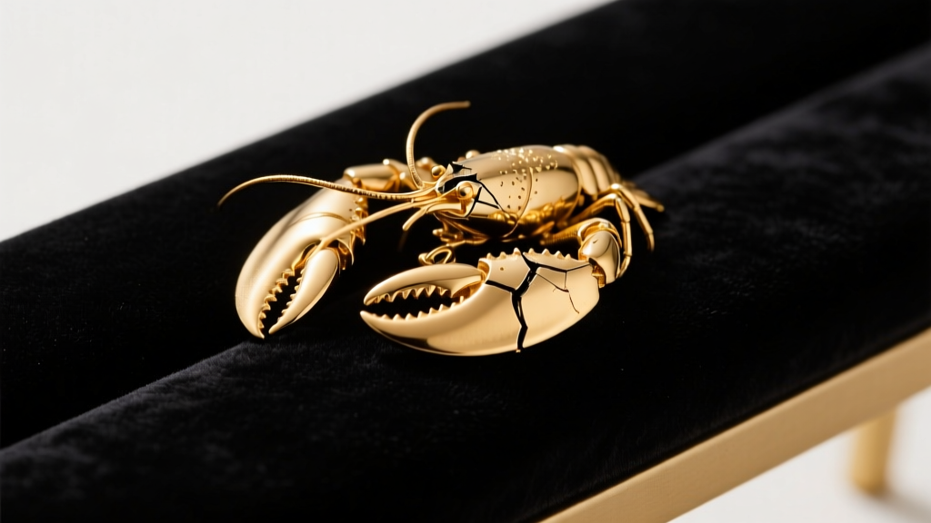 Macro shot of a broken 14k gold lobster clasp on a chain resting on a dark velvet bench pad under bright focused studio lighting.