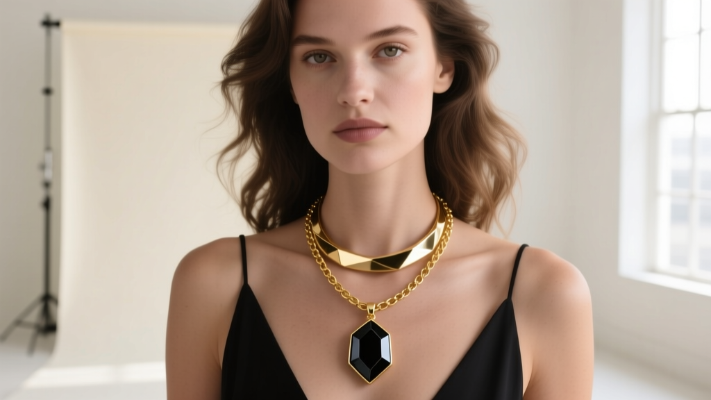 Model wearing a layered vintage onyx necklace and modern gold chain, contrasting dark gothic minimalism with bright metal accents