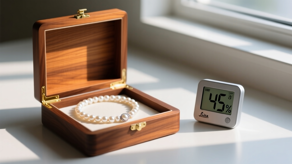 Ivory necklace stored in a cedar-lined wooden box next to a digital hygrometer showing forty-five percent relative humidity.