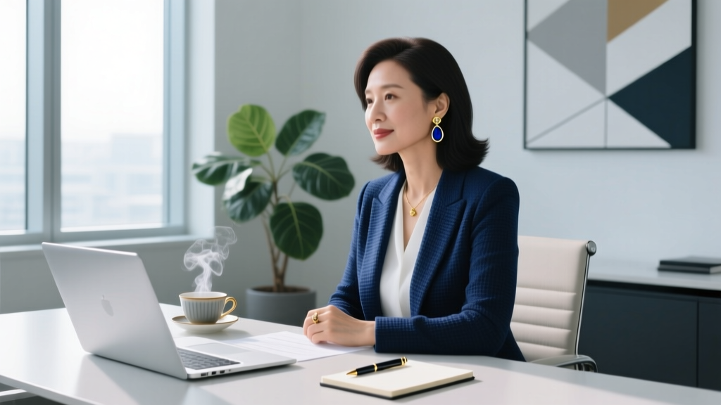 Professional woman in a navy blazer wearing elegant enamel drop earrings, sitting at a modern office desk with a laptop and tea