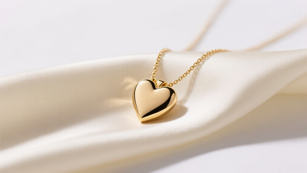 Delicate 14k solid gold small heart necklace resting on cream silk fabric, soft studio lighting highlighting the polished metal.