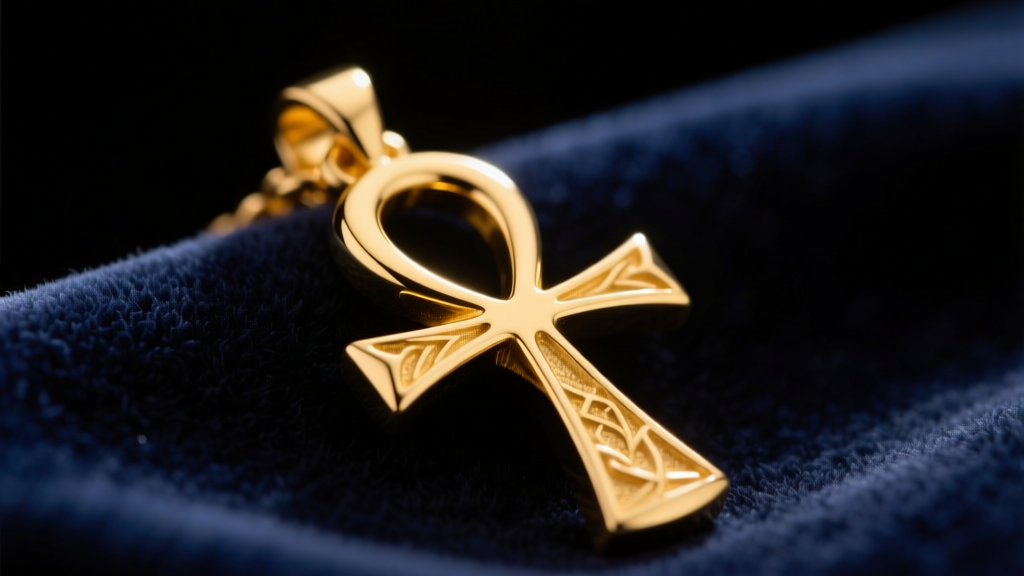 Close-up of a solid 14k yellow gold ankh pendant resting on dark velvet, illuminated by warm directional studio lighting.