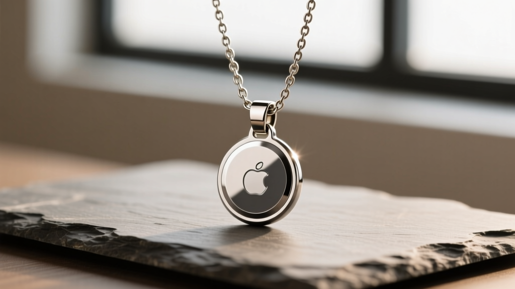 Brushed steel air tag necklace pendant on slate, soft lighting highlighting metal texture and a secure lobster clasp.