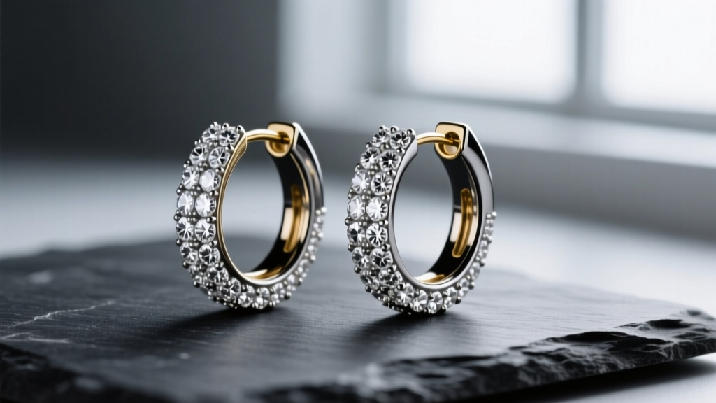 Close-up of black rhodium plated gold hoop earrings paved with round brilliant white diamonds resting on a dark slate surface.