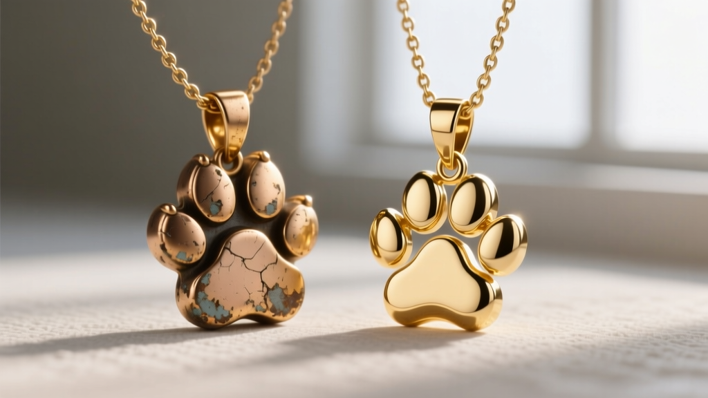 Macro photography comparing a tarnished brass-based gold plated paw necklace beside a pristine solid 18k gold paw print pendant.