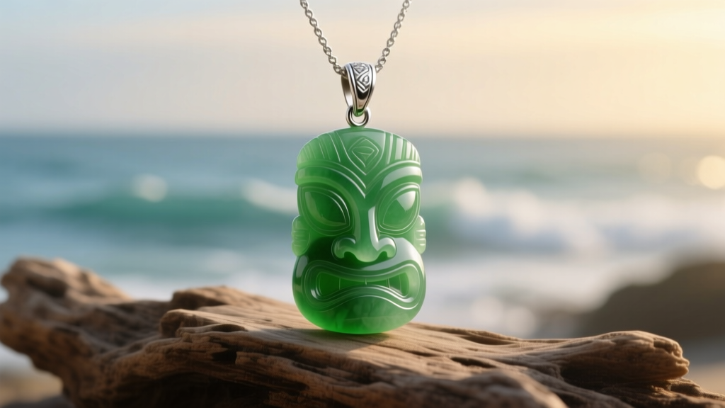 Polished green nephrite jade tiki carving pendant with silver bail, displayed on driftwood against a blurred ocean background.