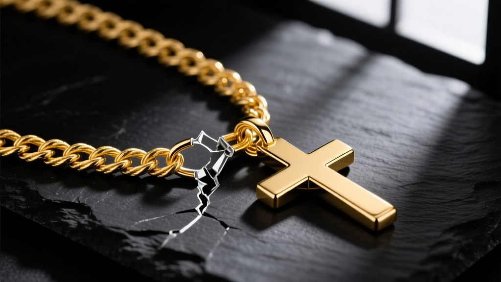 Close-up of a broken 14k yellow gold rope chain next to a solid gold cross pendant on a dark slate surface with dramatic lighting.