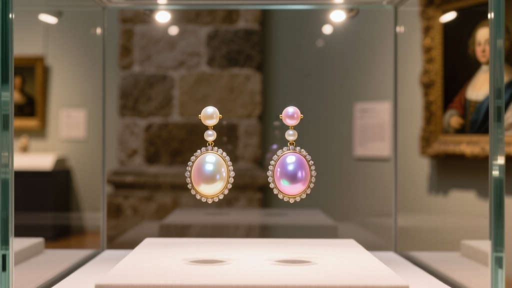 Museum display case showing freshwater pearl drop earrings inspired by 17th-century Dutch portraits under warm gallery spotlights.