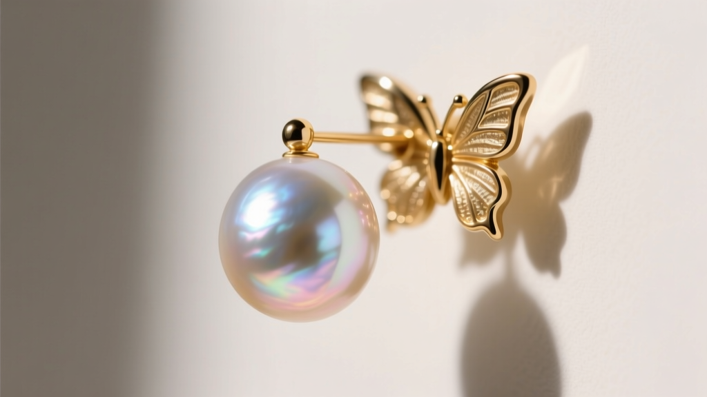 Macro photography of a high-quality Akoya pearl earring showing thick nacre luster next to a 14k gold vermeil butterfly backing.