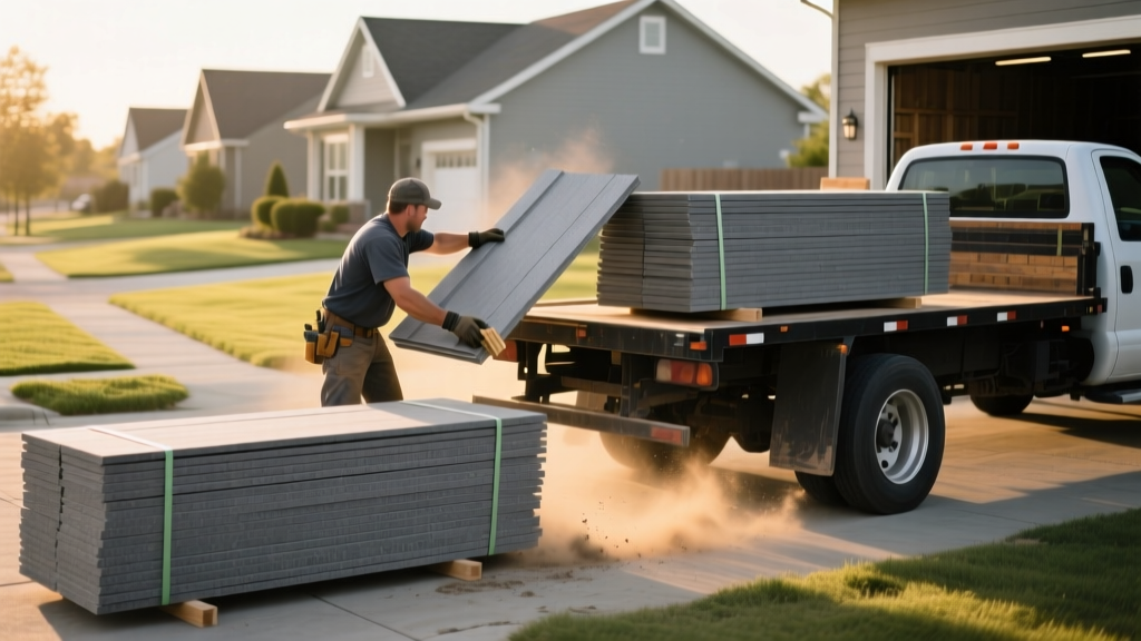 Contractor loading bundles of charcoal gray fiber cement siding planks from a local lumberyard flatbed truck onto a residential driveway