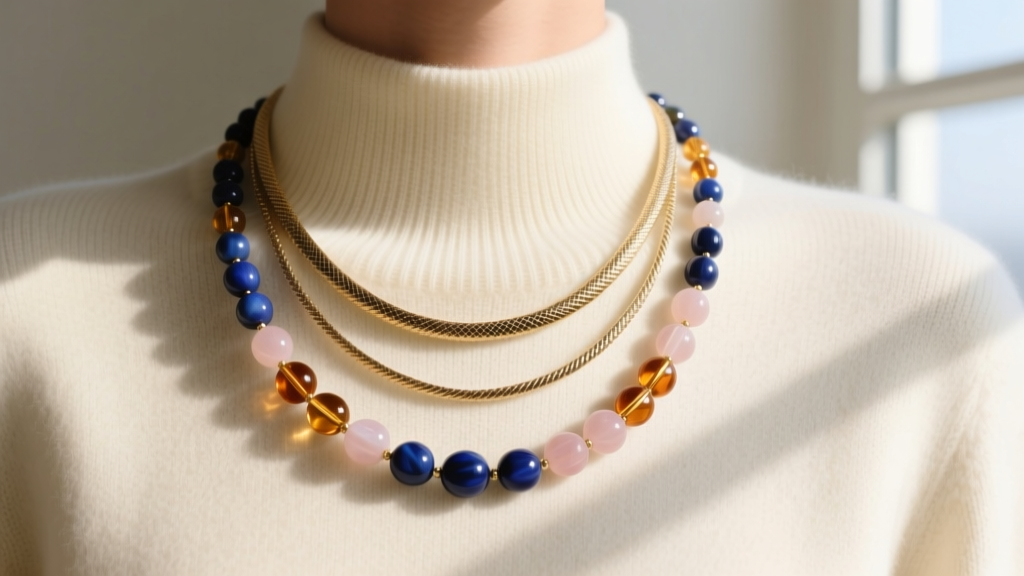 Flat bead necklace layered with a delicate snake chain, showcasing architectural styling against a neutral cream cashmere sweater