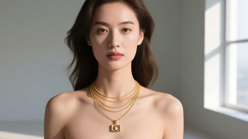 Woman wearing a layered stack with a central LCI necklace pendant, showing two-inch spacing between the delicate 14k gold chain.
