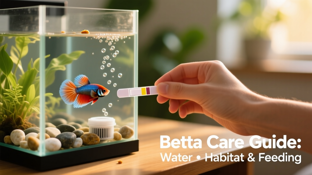 Hand holding a water test strip beside a clear aquarium with visible bubbles rising from a gentle filter
