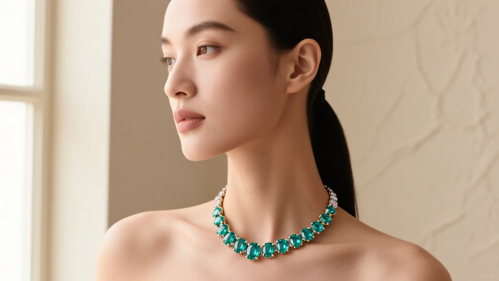 Model wearing an 18k white gold aquamarine tennis necklace with oval stones resting on the collarbone in soft light
