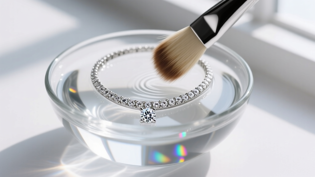 A soft goat-hair brush gently cleaning a platinum luxury diamond necklace pavé setting in a small glass bowl of distilled water.
