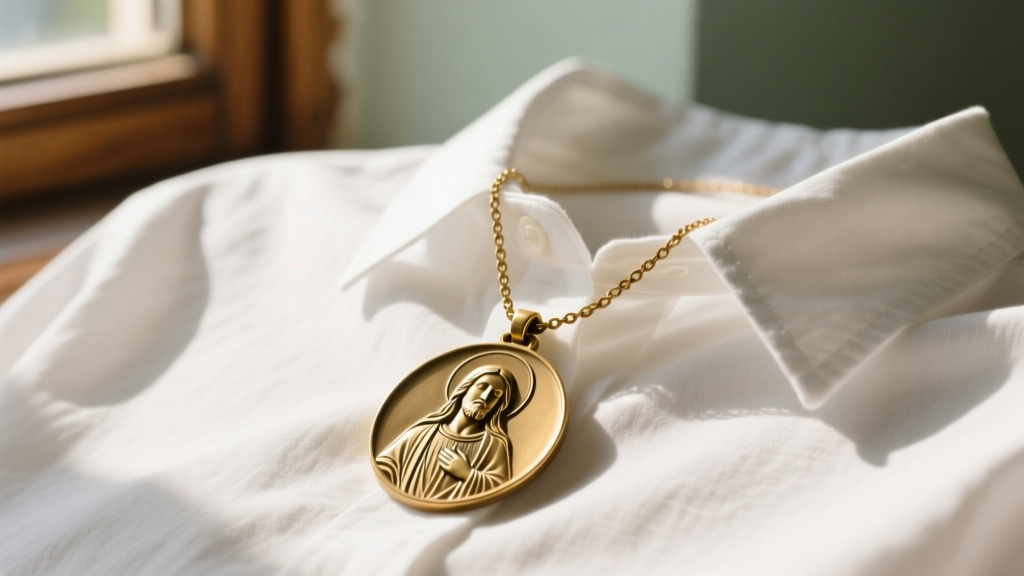 Close-up of a vintage brass medal necklace on a white linen shirt, soft sunlight highlighting the engraved saint details.