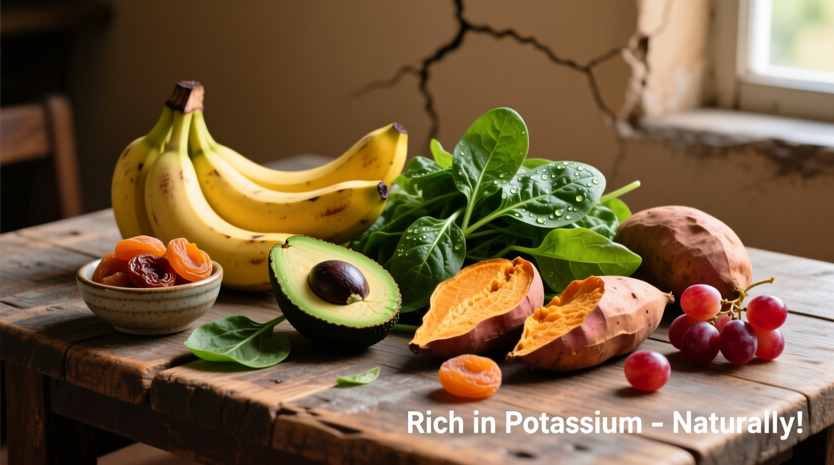 Colorful assortment of potassium-rich foods on wooden table