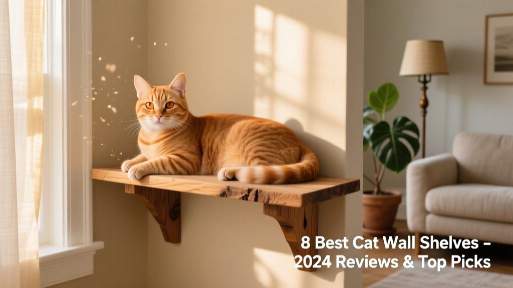 A cat lounging comfortably on a wooden wall shelf mounted in a sunlit living room corner