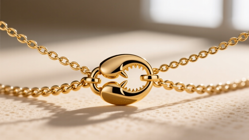 Macro shot of a gold multi-strand separator clasp connecting three delicate chains, highlighting a secure lobster claw mechanism.