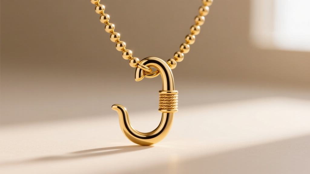 Close-up of gold-filled J-hook clasp on beaded lanyard necklace, highlighting soldered jump ring and secure crimp bead mechanism