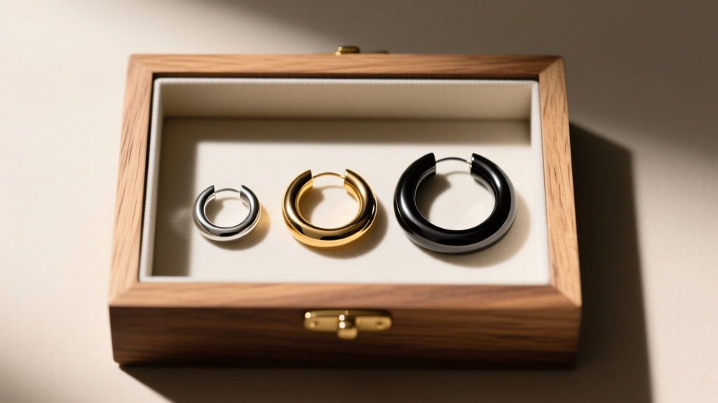 Top-down view of a wooden box containing three sizes of mens big hoop earrings in silver, gold, and black PVD titanium finishes