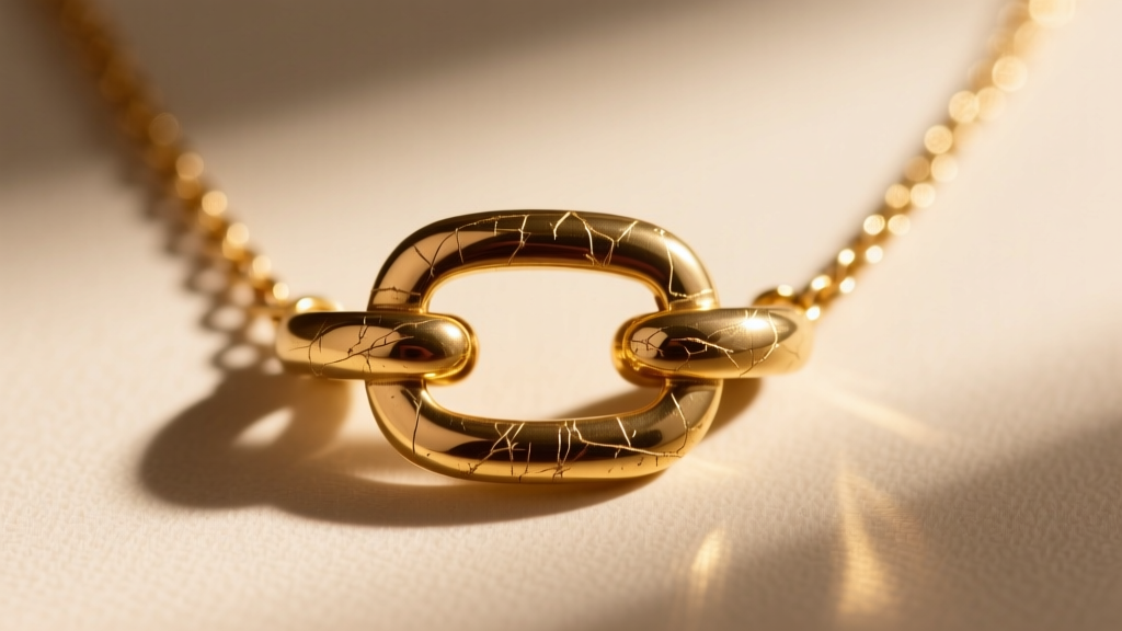 Macro shot of a Lilly Pulitzer necklace clasp showing gold-plated brass with slight wear revealing the underlying base metal