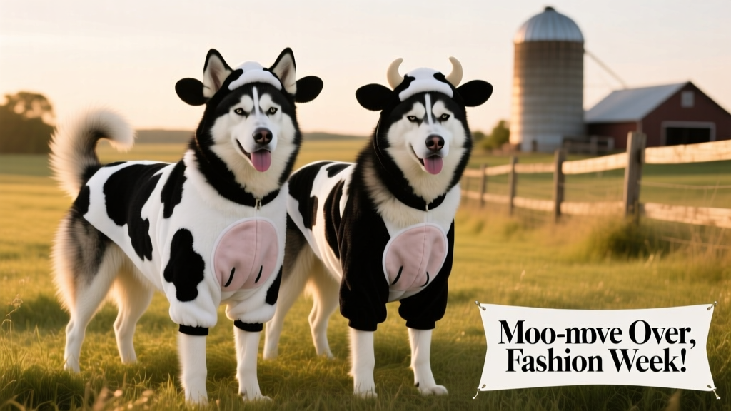 Two Huskies wearing black-and-white cow costumes, standing side by side with comically unimpressed expressions