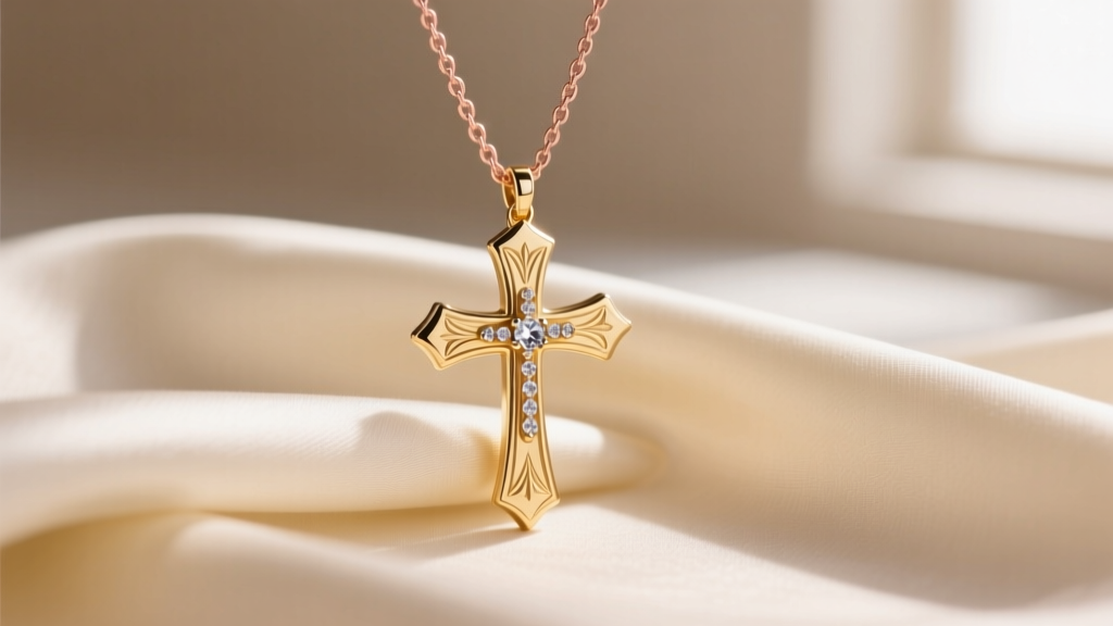 14k gold cross with rose necklace on cream silk, soft window lighting, macro jewelry photography, sharp focus.