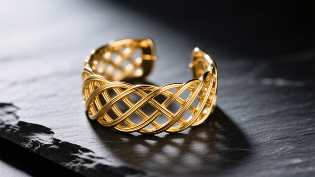 Close-up of intricate 18k gold labyrinth ear cuff with maze-like wirework, resting on dark slate with soft directional lighting.