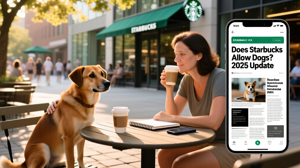 A relaxed dog sitting beside its owner at a shaded outdoor Starbucks patio table